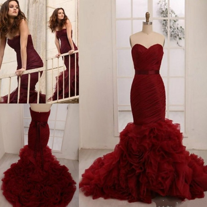 Wedding dress with burgundy accents